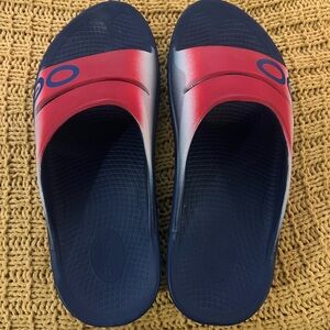 Oofos Red and Blue Slide Sandals